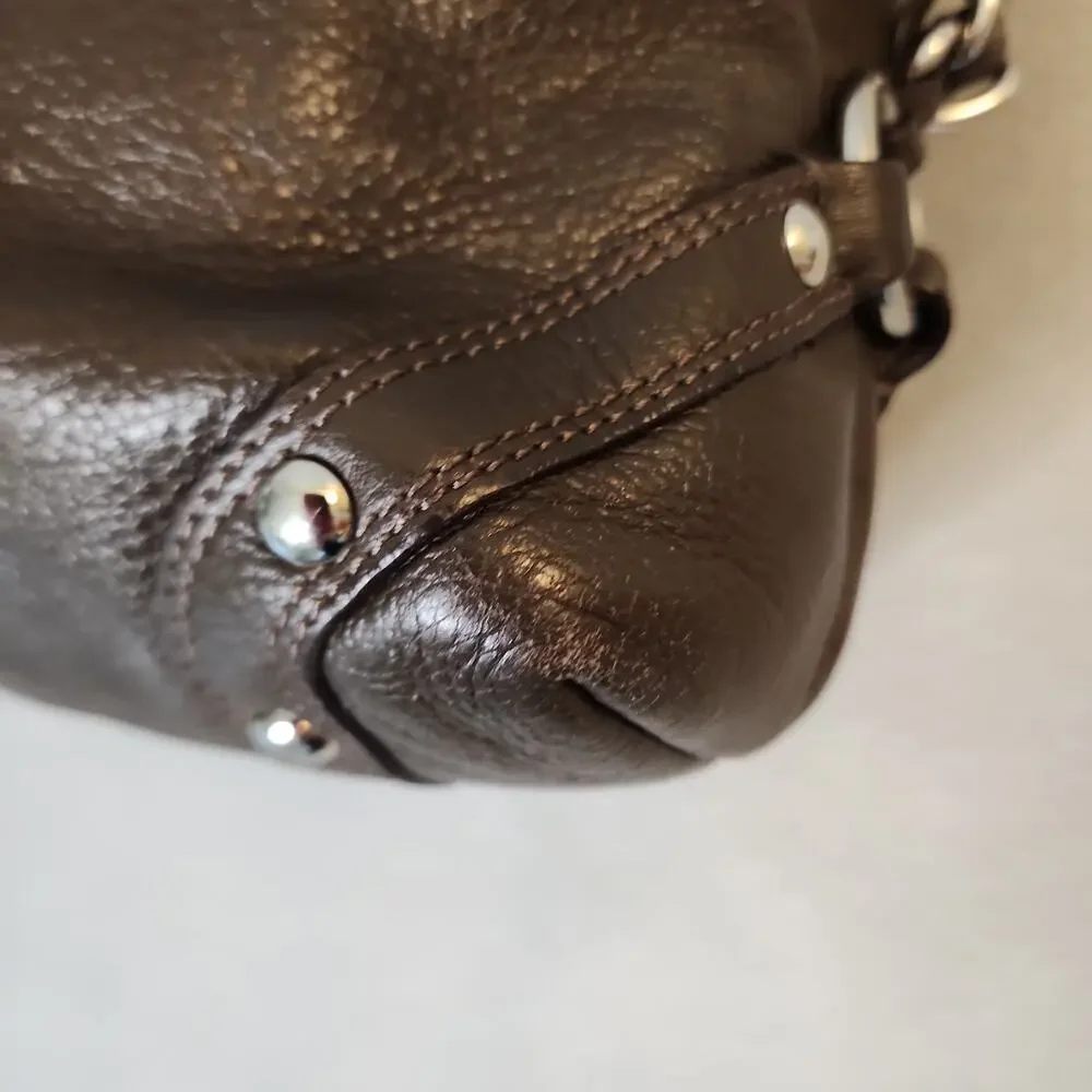 COACH CARLY F1073-F15251 Dark Brown Pebbled Leather Chunky Chain Purse Bag Hobo